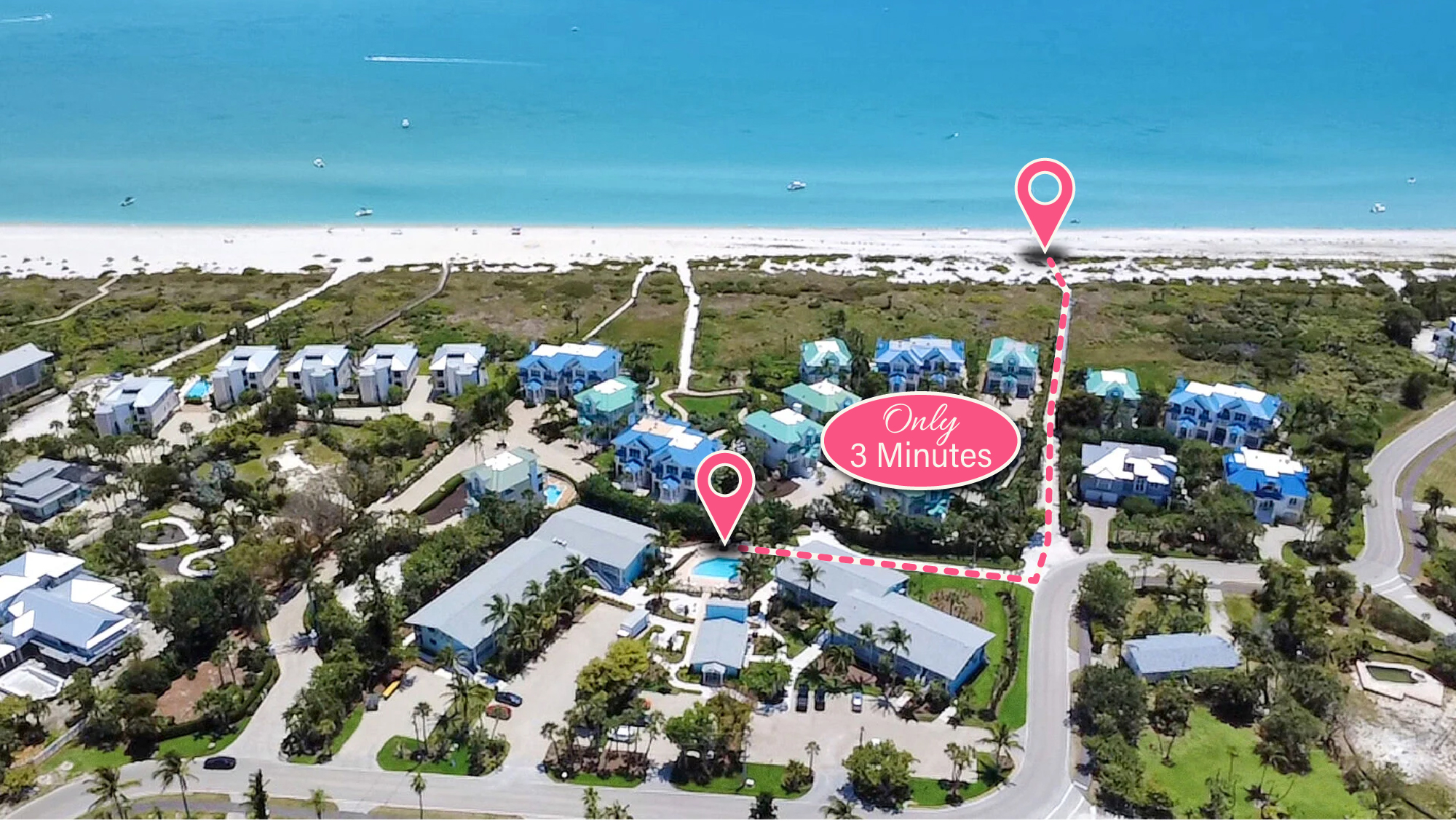 Colony Inn beach access route — approximately a three-minute walk from the pool